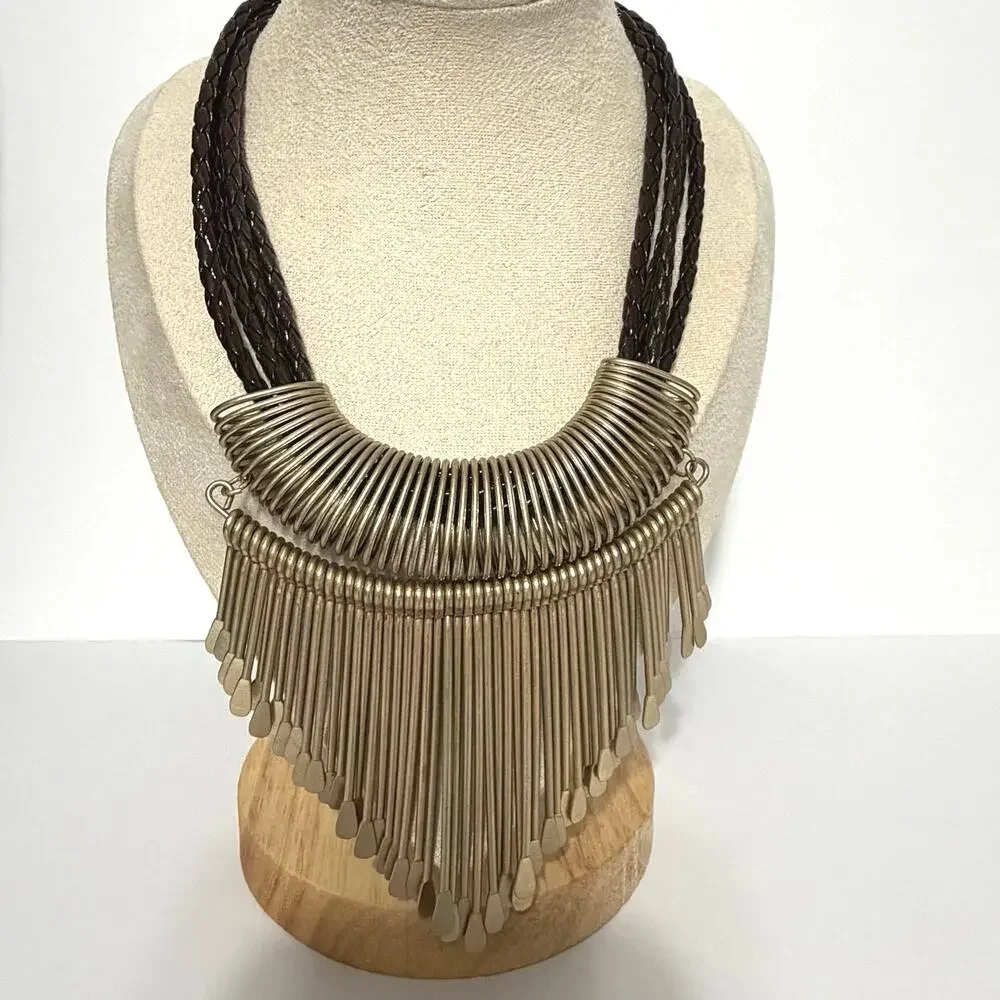 Chico’s Gold Fringe Bib Statement Necklace | Brown Braided Cord | NWOT